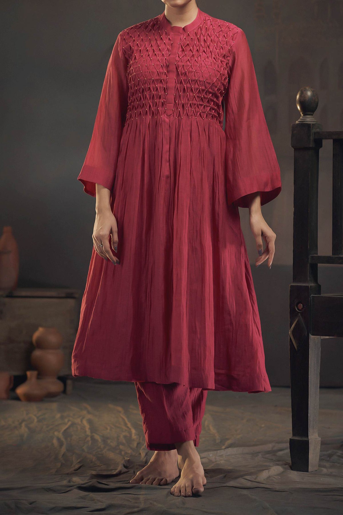 Shop Hirika &amp; Dhruti Maroon Chanderi Smocked Gathered Kurta And Pant Set For Kids Online at Aza Fashions