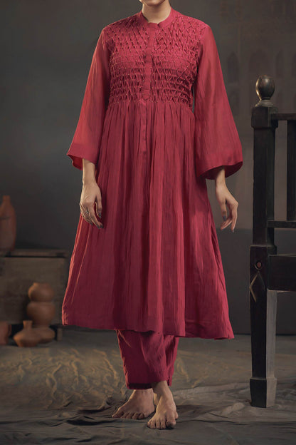 Shop Hirika &amp; Dhruti Maroon Chanderi Smocked Gathered Kurta And Pant Set For Kids Online at Aza Fashions