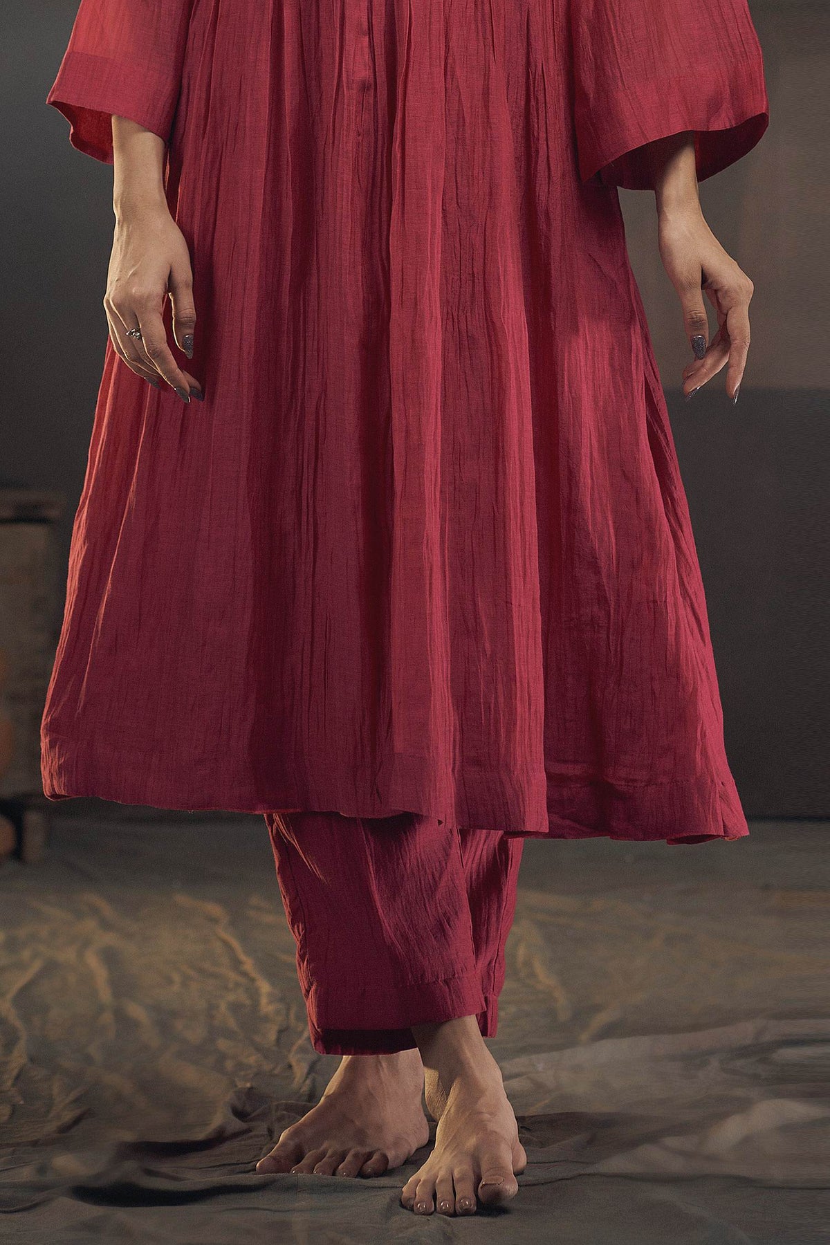Hirika &amp; Dhruti Maroon Chanderi Smocked Gathered Kurta And Pant Set For Kids Online at Aza Fashions