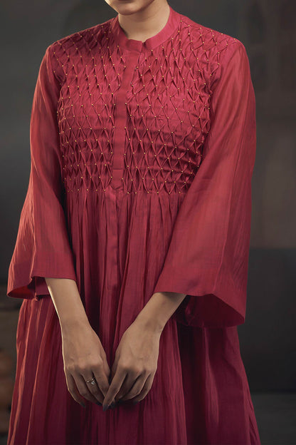 Buy Hirika &amp; Dhruti Maroon Chanderi Smocked Gathered Kurta And Pant Set For Kids Online at Aza Fashions
