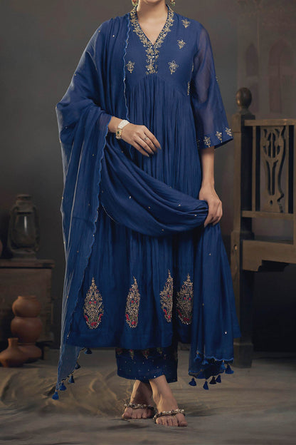 Shop Hirika &amp; Dhruti Blue Chanderi Floral, Marodi Embroidered Anarkali Set For Kids Online at Aza Fashions