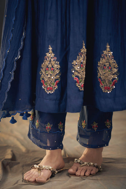 Buy Hirika &amp; Dhruti Blue Chanderi Floral, Marodi Embroidered Anarkali Set For Kids Online at Aza Fashions