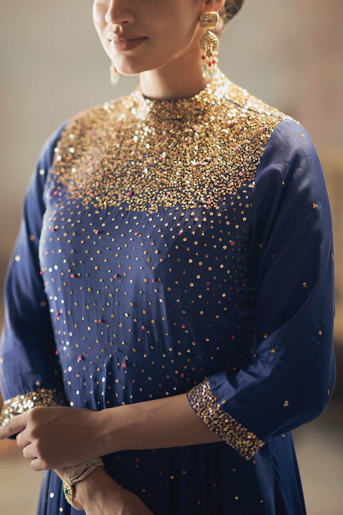 Hirika &amp; Dhruti Blue Churidar Lycra, Dupatta Organza, Anarkali Chinnon Embroidered Set For Kids Online at Aza Fashions