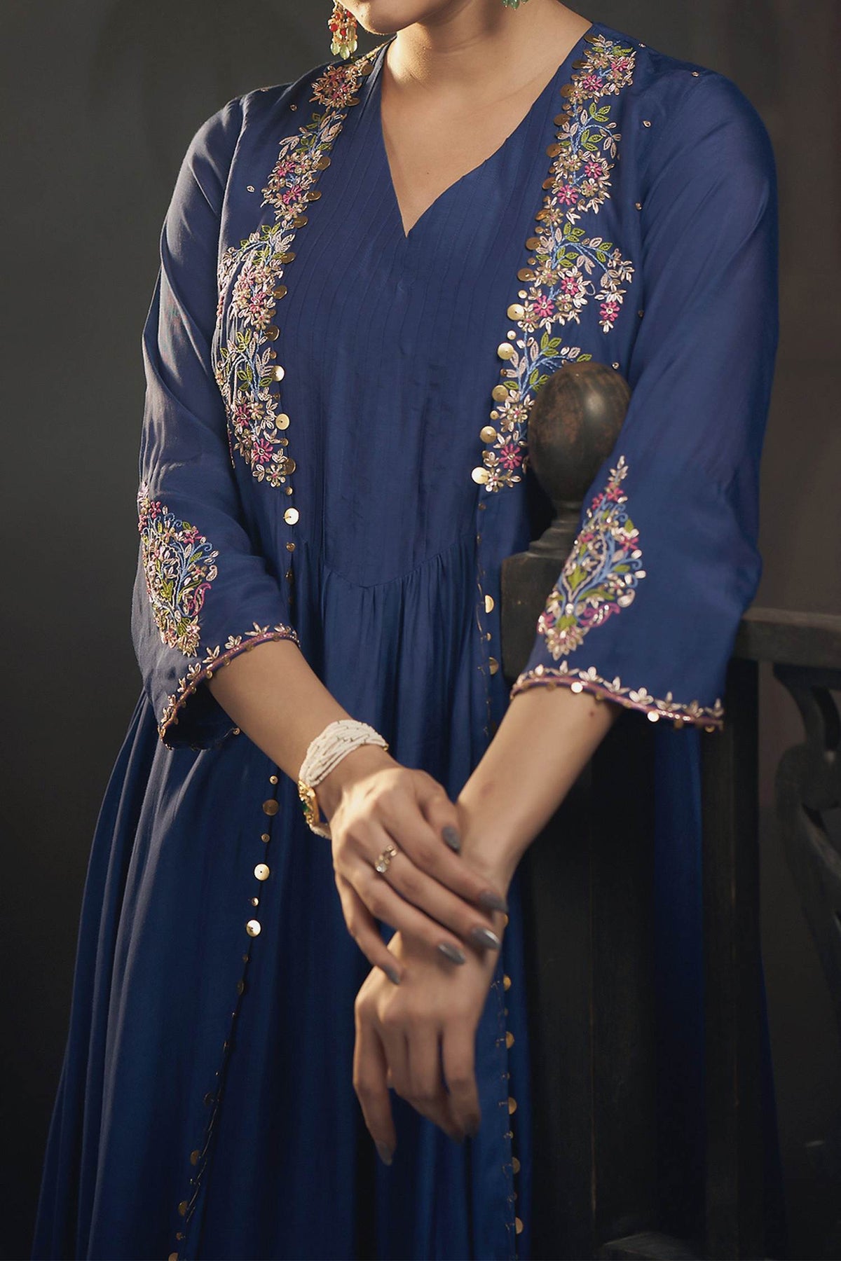 Buy Hirika &amp; Dhruti Blue Cotton Silk Floral, Sequins, Thread Embroidered Jacket Kurta And Pant Set For Kids Online at Aza Fashions