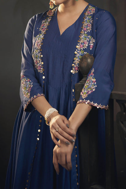 Buy Hirika &amp; Dhruti Blue Cotton Silk Floral, Sequins, Thread Embroidered Jacket Kurta And Pant Set For Kids Online at Aza Fashions