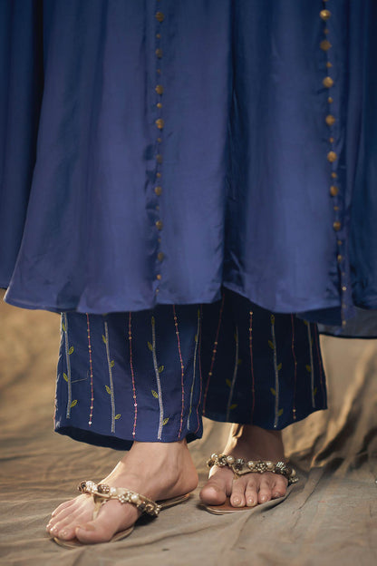 Hirika &amp; Dhruti Blue Cotton Silk Floral, Sequins, Thread Embroidered Jacket Kurta And Pant Set For Kids Online at Aza Fashions