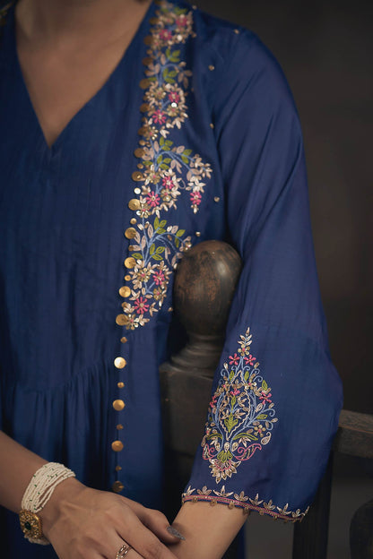 Shop Hirika &amp; Dhruti Blue Cotton Silk Floral, Sequins, Thread Embroidered Jacket Kurta And Pant Set For Kids Online at Aza Fashions