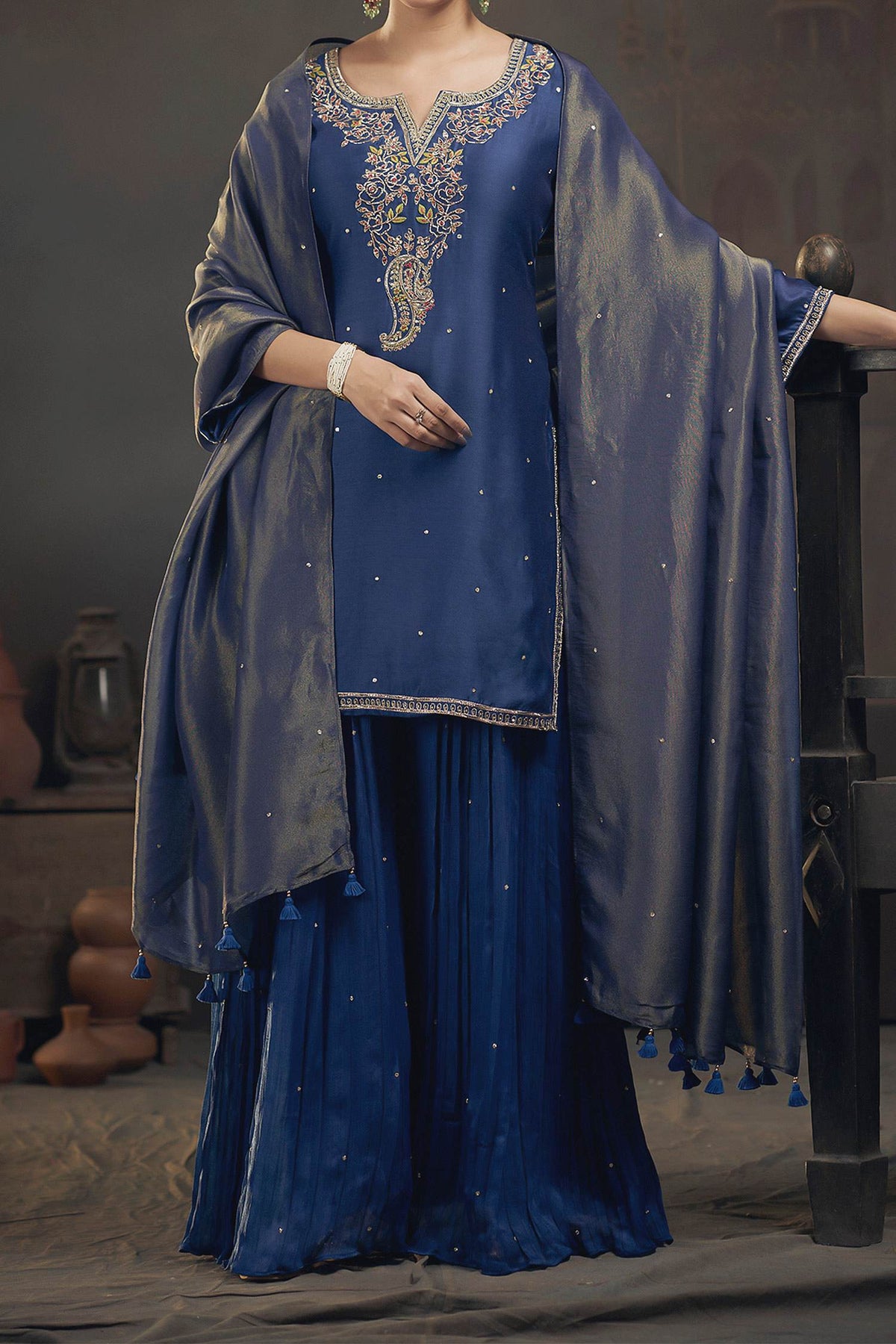 Hirika &amp; Dhruti Blue Tissue Pita, Rose Embroidered Kurta Sharara Set For Kids at Aza Fashions