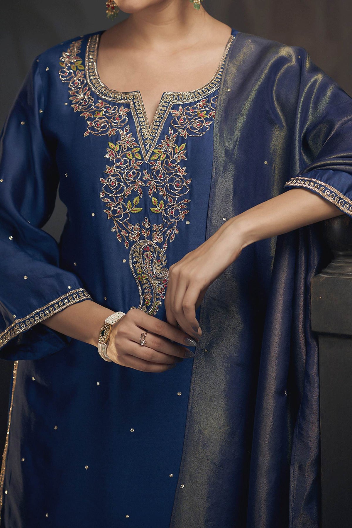 Shop Hirika &amp; Dhruti Blue Tissue Pita, Rose Embroidered Kurta Sharara Set For Kids Online at Aza Fashions
