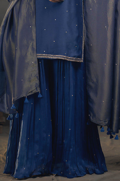 Buy Hirika &amp; Dhruti Blue Tissue Pita, Rose Embroidered Kurta Sharara Set For Kids Online at Aza Fashions