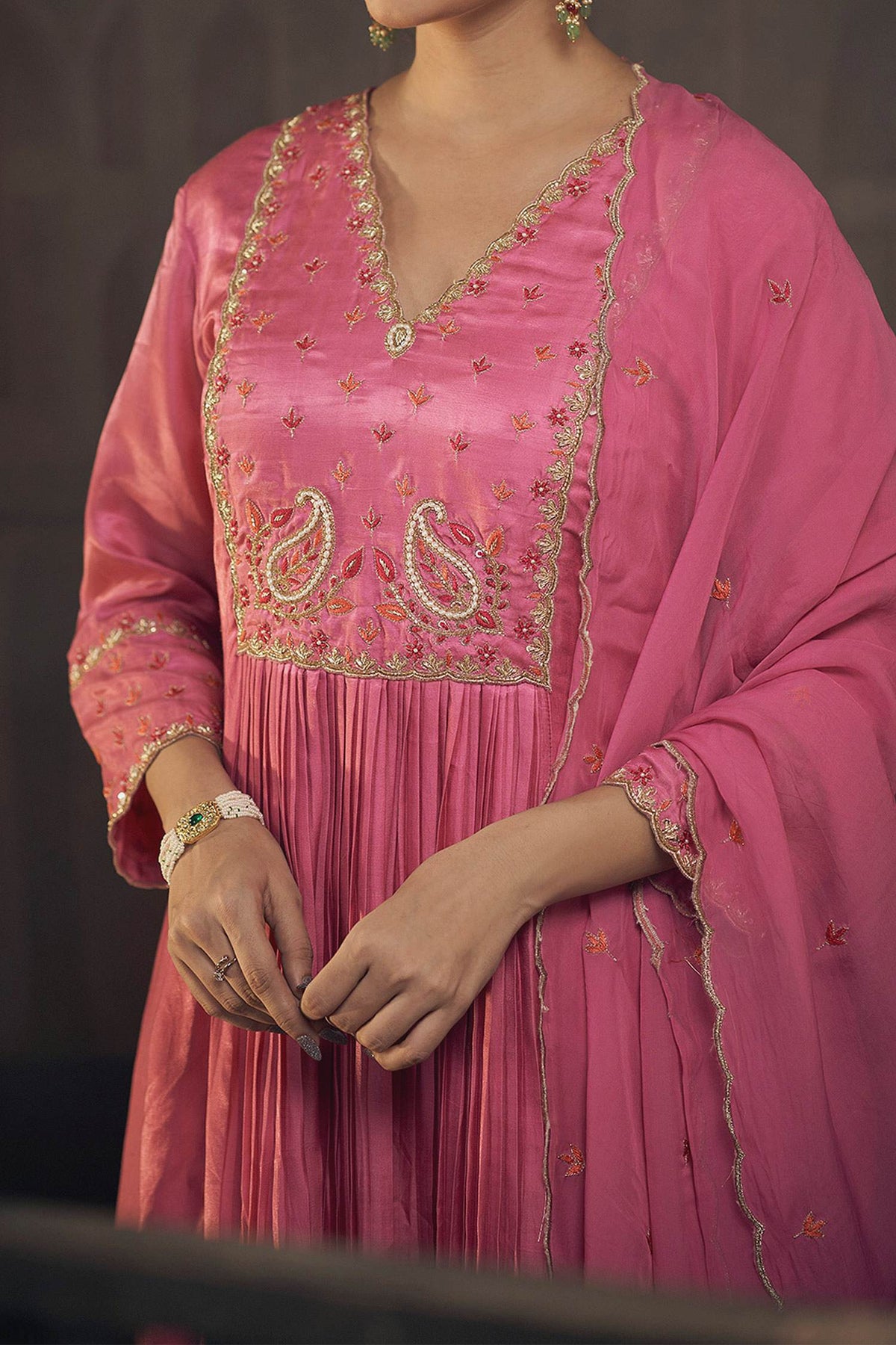Buy Hirika &amp; Dhruti Pink Dupatta Organza, Pant Cotton, Kurta Gajji Silk Embroidered Pleated Set For Kids Online at Aza Fashions