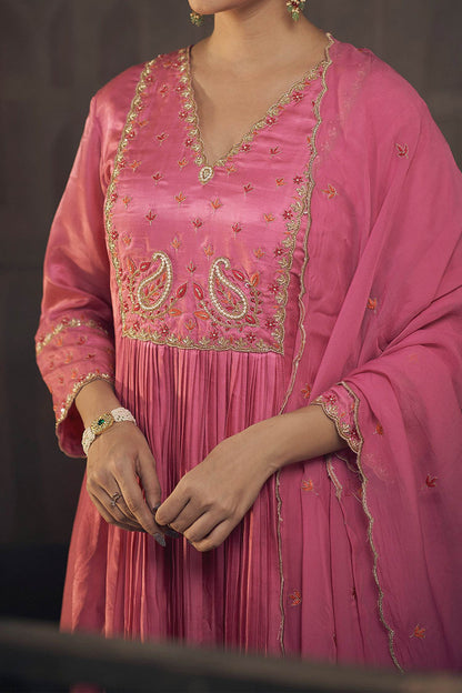 Buy Hirika &amp; Dhruti Pink Dupatta Organza, Pant Cotton, Kurta Gajji Silk Embroidered Pleated Set For Kids Online at Aza Fashions