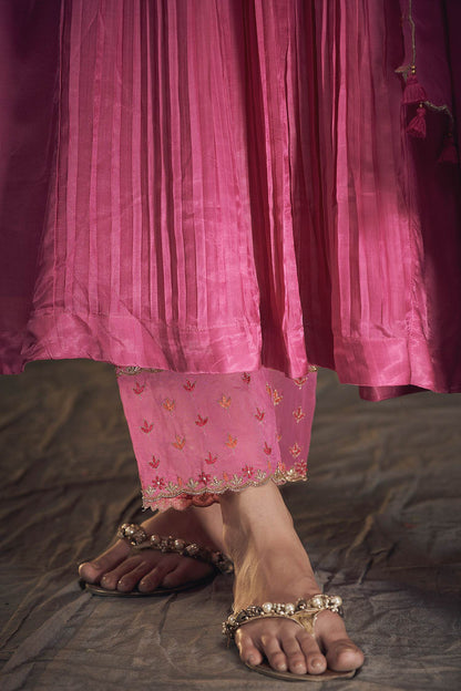 Hirika &amp; Dhruti Pink Dupatta Organza, Pant Cotton, Kurta Gajji Silk Embroidered Pleated Set For Kids Online at Aza Fashions