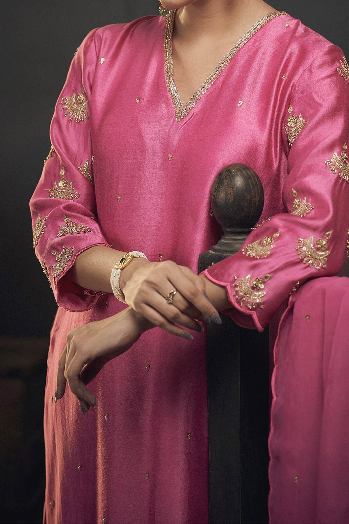 Hirika &amp; Dhruti Pink Dupatta Organza, Kurta Silk Chanderi, Pant Cotton Embroidered Set For Kids Online at Aza Fashions