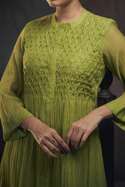 Hirika &amp; Dhruti Green Chanderi Smocked Gathered Kurta And Pant Set For Kids Online at Aza Fashions