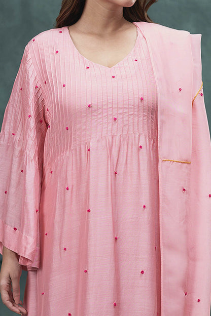 Hirika &amp; Dhruti Pink Dupatta Organza, Kurta And Pant Cotton Silk Hand Embroidered A-line Set For Kids Online at Aza Fashions