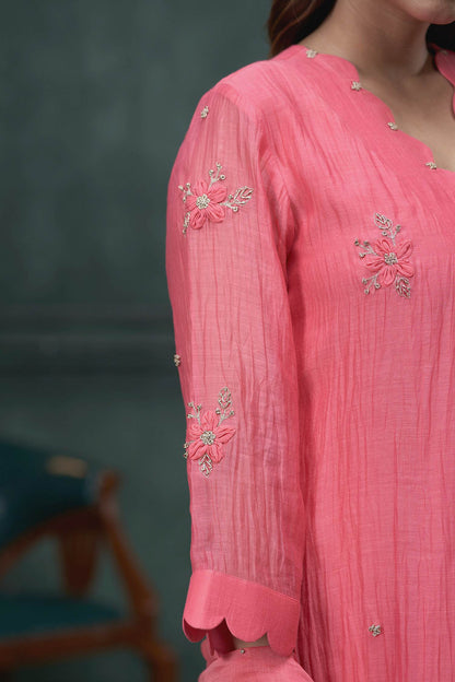 Hirika &amp; Dhruti Peach Chanderi Flower, Knots Hand Embroidered A-line Kurta Set For Kids Online at Aza Fashions