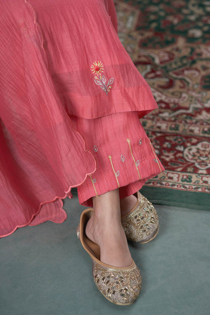 Hirika &amp; Dhruti Peach Chanderi Pearl, Thread, Flower Butti Hand Embroidered A-line Kurta Set For Kids Online at Aza Fashions