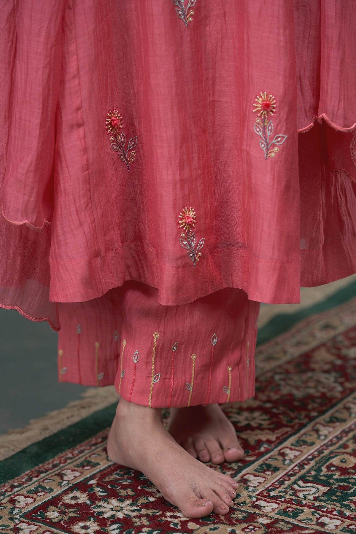 Shop Hirika &amp; Dhruti Peach Chanderi Pearl, Thread, Flower Butti Hand Embroidered A-line Kurta Set For Kids Online at Aza Fashions