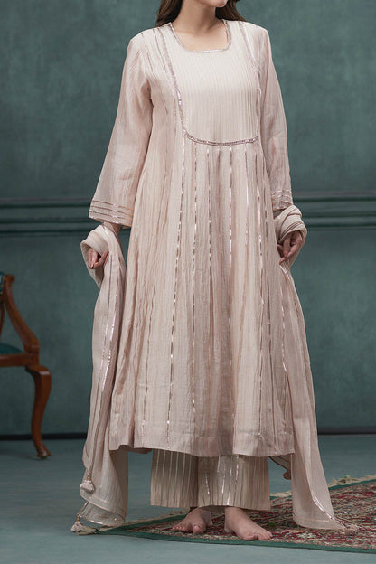 Hirika &amp; Dhruti Beige Chanderi Gota Lace Hand Embroidered Kurta Set For Kids at Aza Fashions
