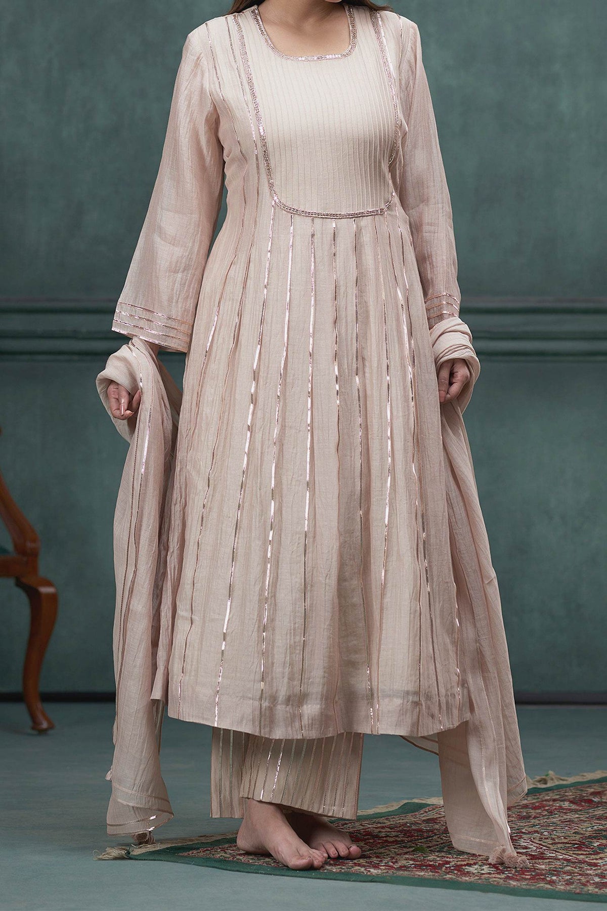 Hirika &amp; Dhruti Beige Chanderi Gota Lace Hand Embroidered Kurta Set For Kids Online at Aza Fashions