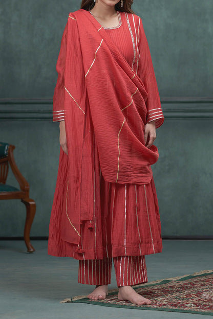 Hirika &amp; Dhruti Red Chanderi Gota Lace Hand Embroidered A-line Kurta Set For Kids Online at Aza Fashions