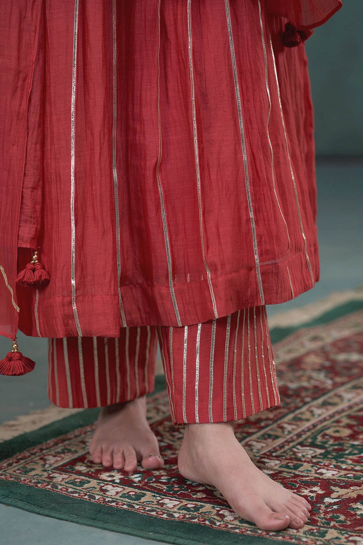 Hirika &amp; Dhruti Red Chanderi Gota Lace Hand Embroidered A-line Kurta Set For Kids at Aza Fashions
