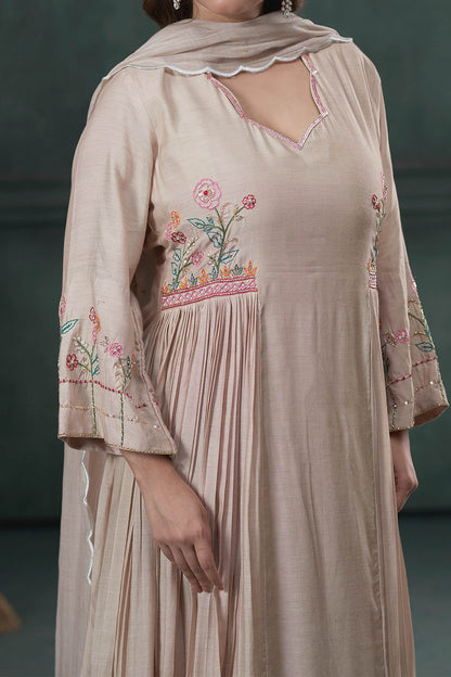 Buy Hirika &amp; Dhruti Beige Dupatta Chanderi, Pant Cotton, Thread Hand Embroidered A-line Set For Kids Online at Aza Fashions