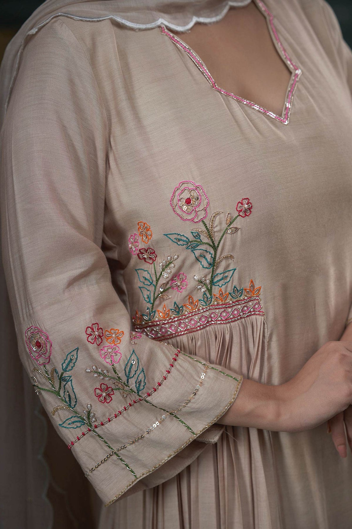 Hirika &amp; Dhruti Beige Dupatta Chanderi, Pant Cotton, Thread Hand Embroidered A-line Set For Kids Online at Aza Fashions