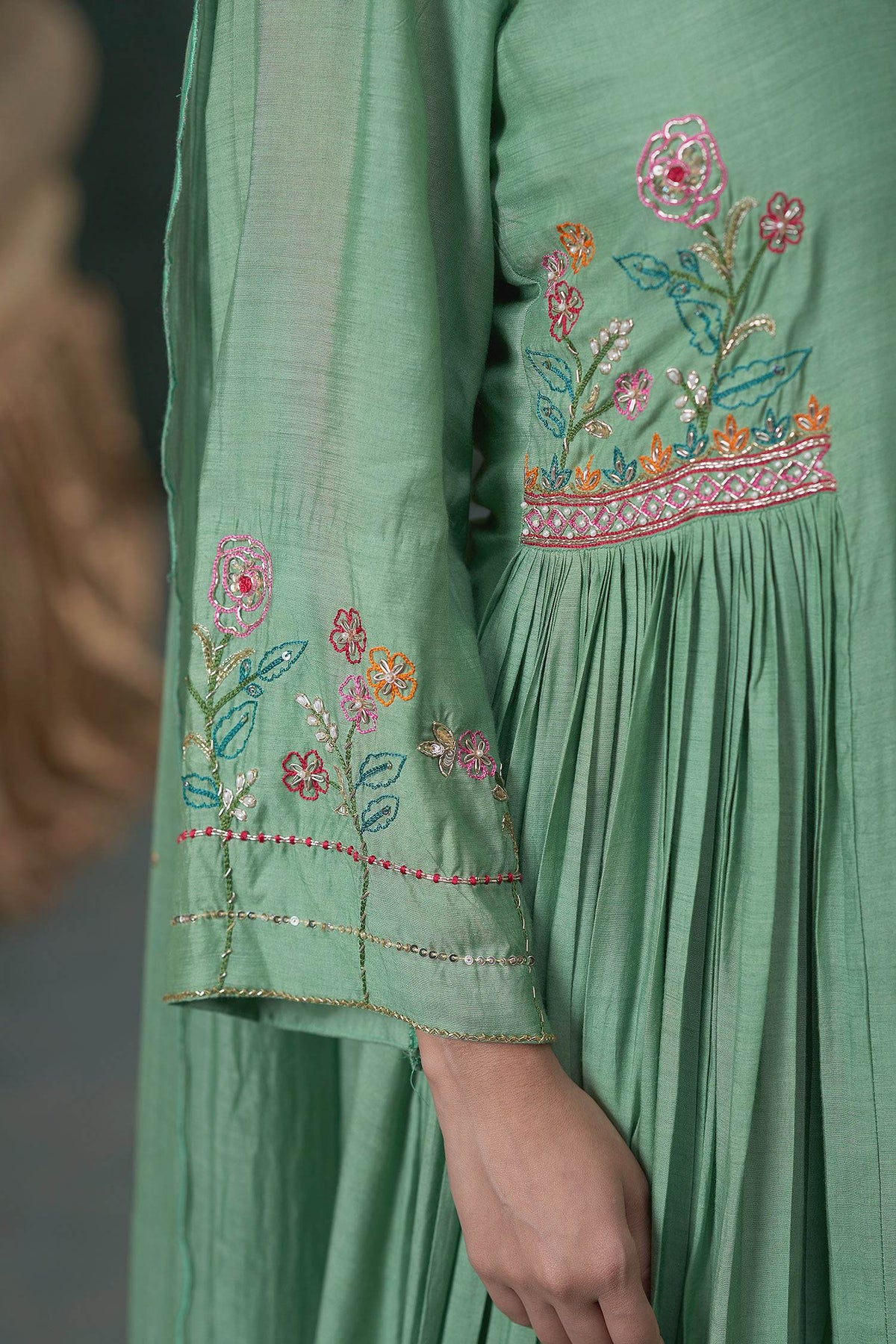 Hirika &amp; Dhruti Green Dupatta Chanderi, Pant Cotton, Thread Hand Embroidered Gathered Set For Kids Online at Aza Fashions