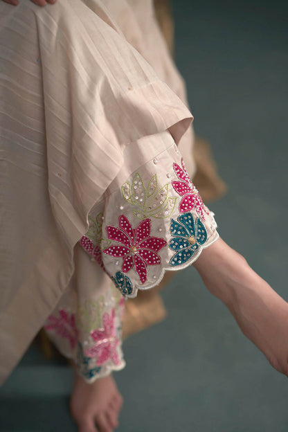 Buy Hirika &amp; Dhruti Beige Dupatta Organza Silk, Pant Cotton, Hand Embroidered Pleated Set For Kids