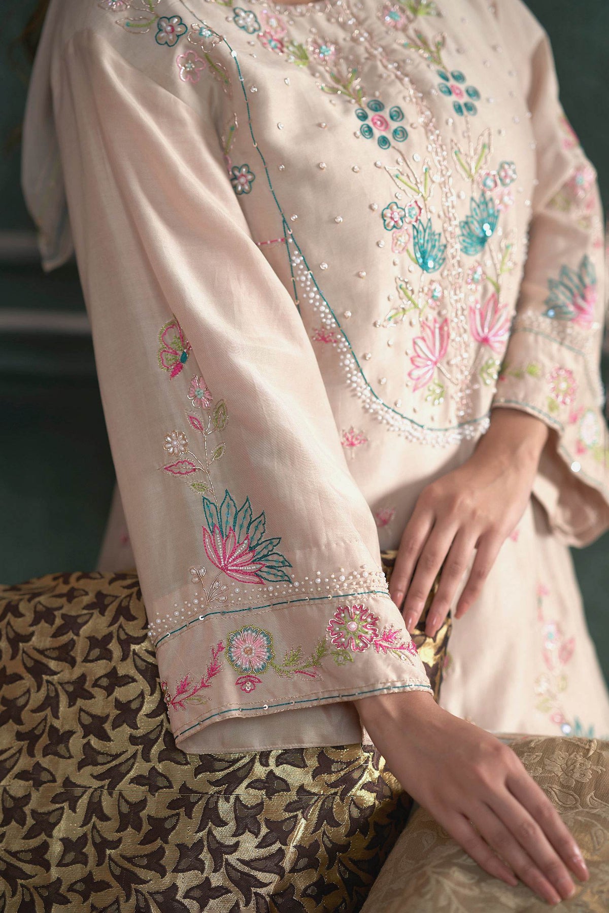 Hirika &amp; Dhruti Beige Kurta And Pant Chiniya Silk, Dupatta Hand Embroidered Short Set For Kids Online at Aza Fashions
