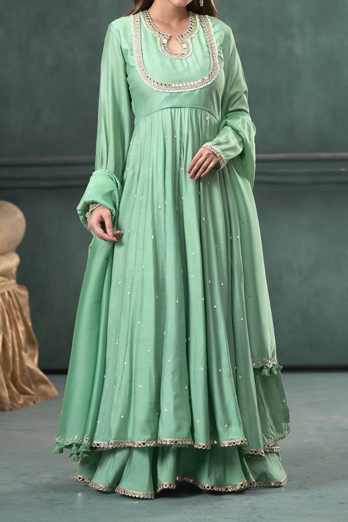 Hirika &amp; Dhruti Green Dupatta Organza Silk, Anarkali And Sharara Monga Hand Embroidered Set For Kids Online at Aza Fashions
