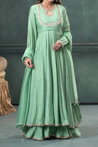 Hirika &amp; Dhruti Green Dupatta Organza Silk, Anarkali And Sharara Monga Hand Embroidered Set For Kids Online at Aza Fashions