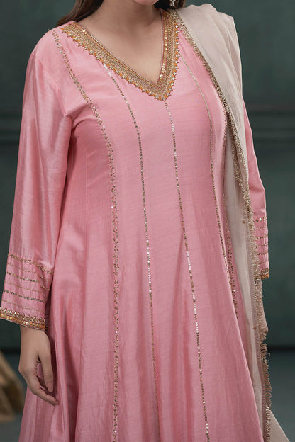 Hirika &amp; Dhruti Pink Anarkali And Pant Silk, Dupatta Organza Sequin Embroidered Set For Kids at Aza Fashions