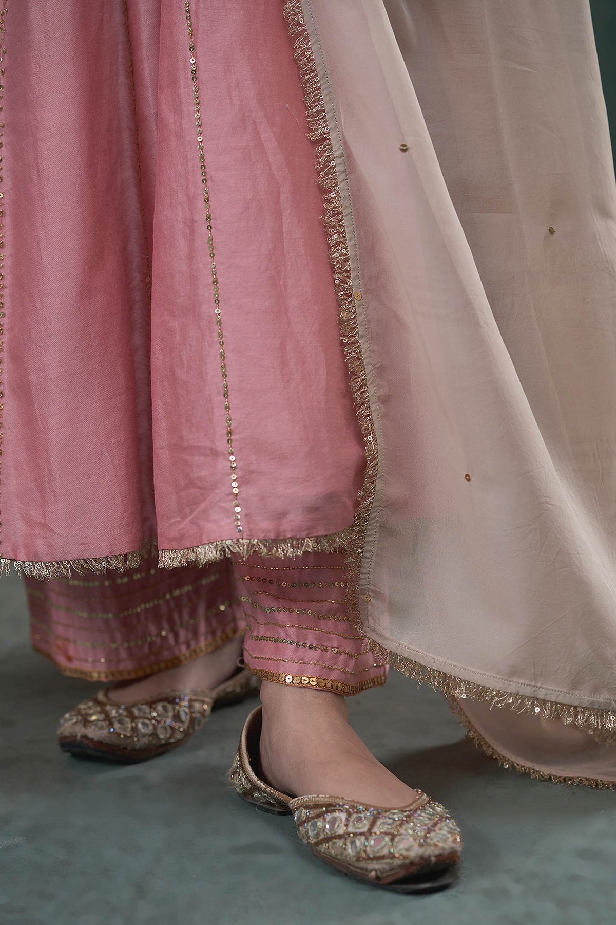 Shop Hirika &amp; Dhruti Pink Anarkali And Pant Silk, Dupatta Organza Sequin Embroidered Set For Kids Online at Aza Fashions