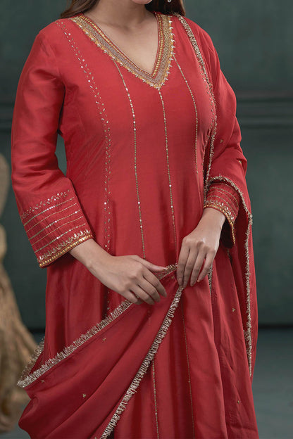 Buy Hirika &amp; Dhruti Red Anarkali And Pant Silk, Dupatta Organza Sequin Embroidered Set For Kids Online at Aza Fashions