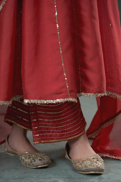 Shop Hirika &amp; Dhruti Red Anarkali And Pant Silk, Dupatta Organza Sequin Embroidered Set For Kids Online at Aza Fashions