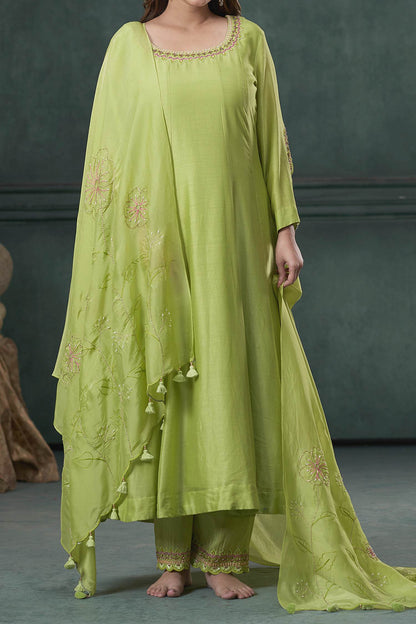Buy Hirika &amp; Dhruti Green Anarkali And Pant Silk, Dupatta Organza Thread, Moti &amp; Embroidered Set For Kids Online at Aza Fashions