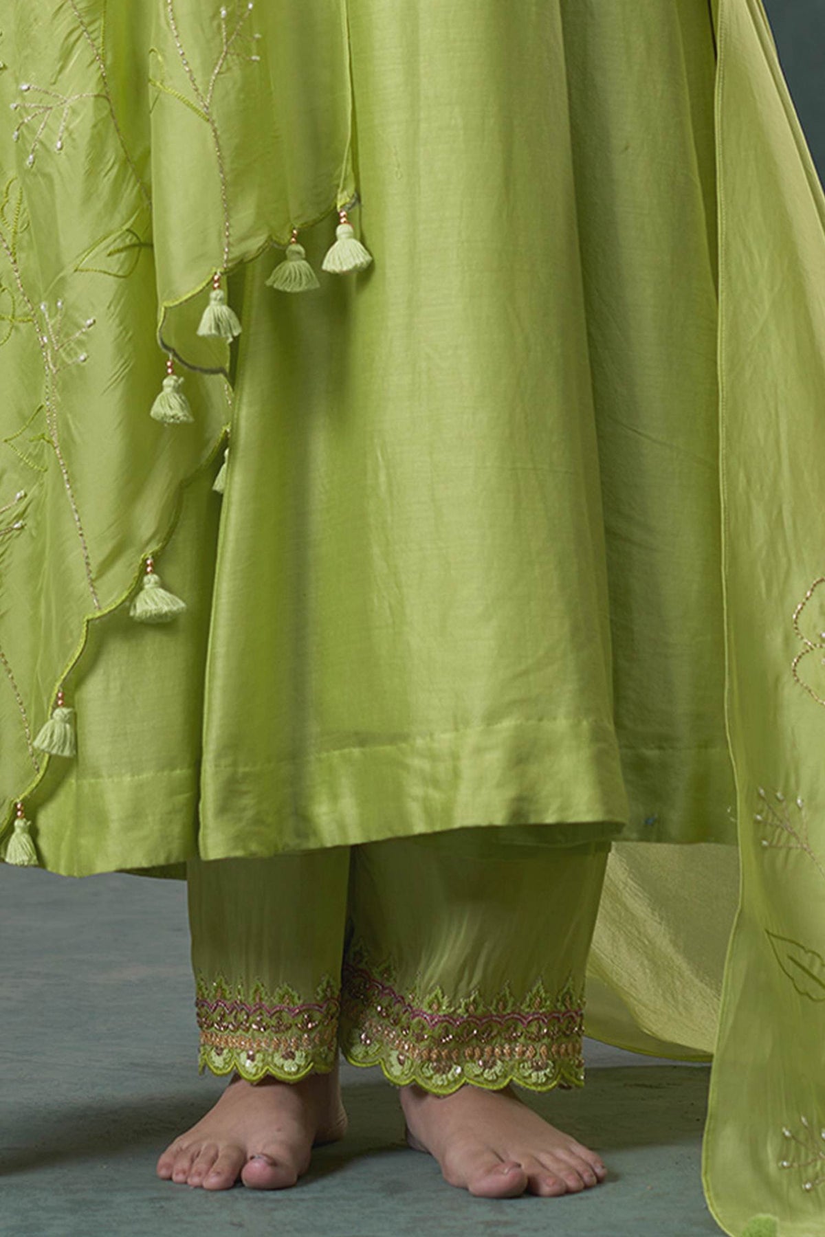 Shop Hirika &amp; Dhruti Green Anarkali And Pant Silk, Dupatta Organza Thread, Moti &amp; Embroidered Set For Kids Online at Aza Fashions