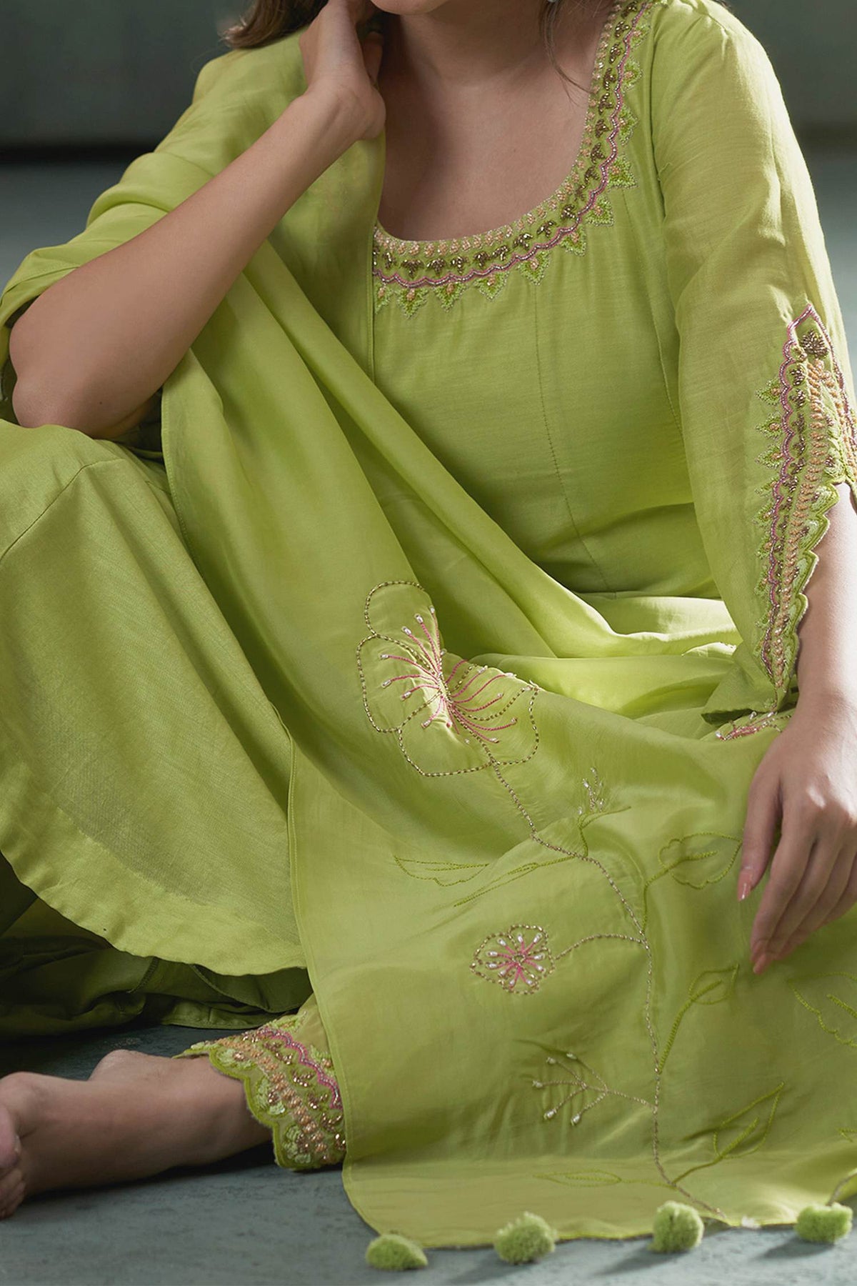 Hirika &amp; Dhruti Green Anarkali And Pant Silk, Dupatta Organza Thread, Moti &amp; Embroidered Set For Kids Online at Aza Fashions