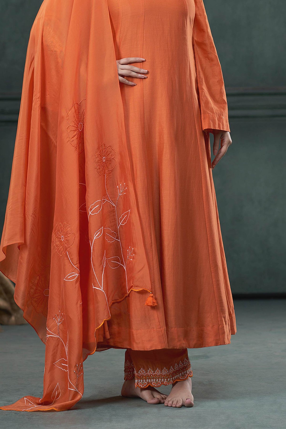 Hirika &amp; Dhruti Orange Anarkali And Pant Silk, Dupatta Organza Thread, Moti Embroidered Set For Kids Online at Aza Fashions