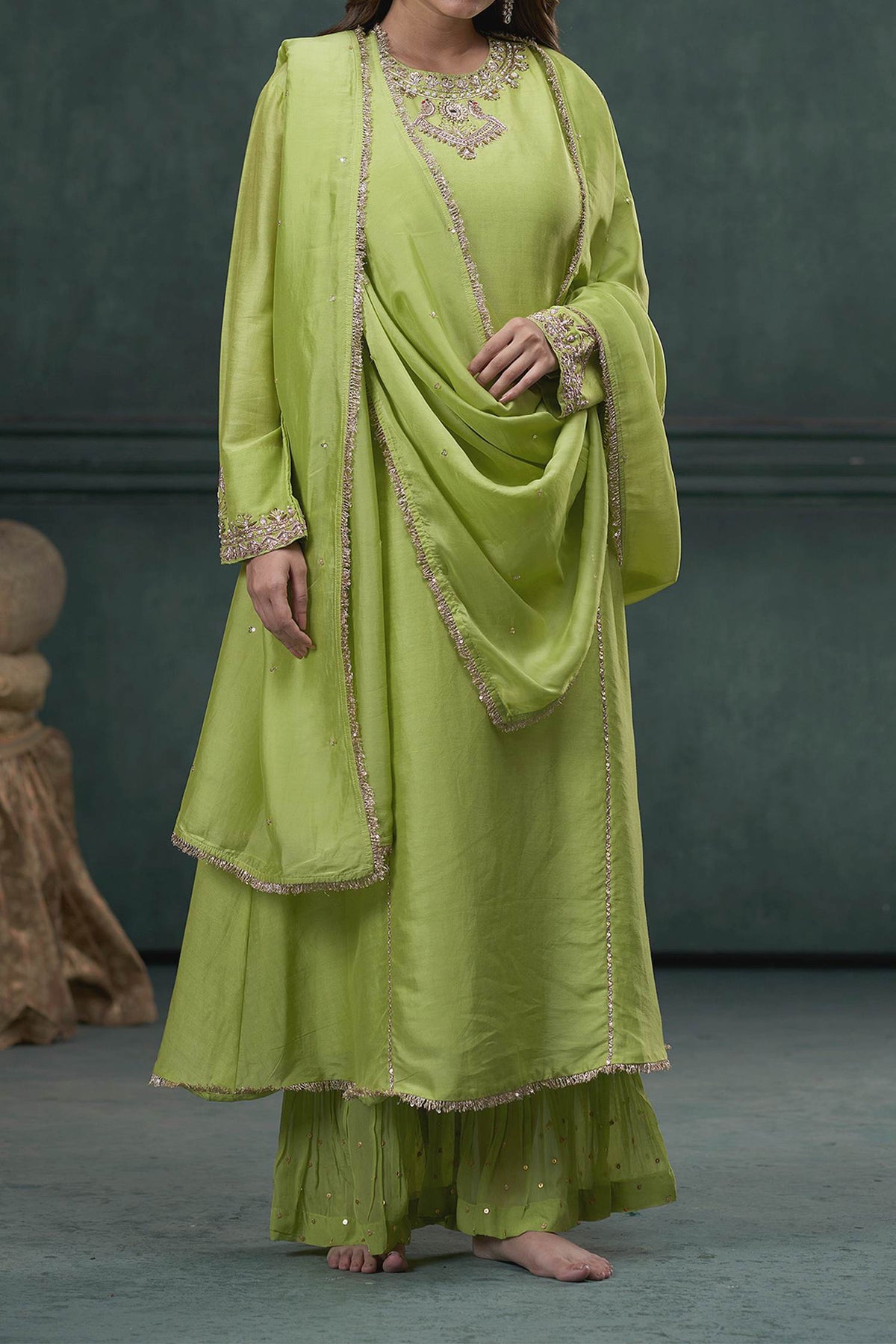 Shop Hirika &amp; Dhruti Green Dupatta Organza , Kurta And Sharara Chiniya Embroidered Set For Kids Online at Aza Fashions