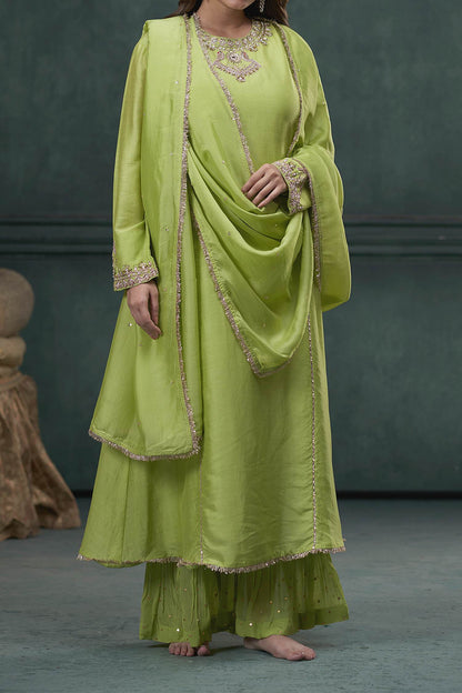 Shop Hirika &amp; Dhruti Green Dupatta Organza , Kurta And Sharara Chiniya Embroidered Set For Kids Online at Aza Fashions