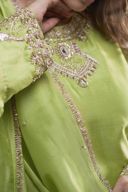 Hirika &amp; Dhruti Green Dupatta Organza , Kurta And Sharara Chiniya Embroidered Set For Kids Online at Aza Fashions
