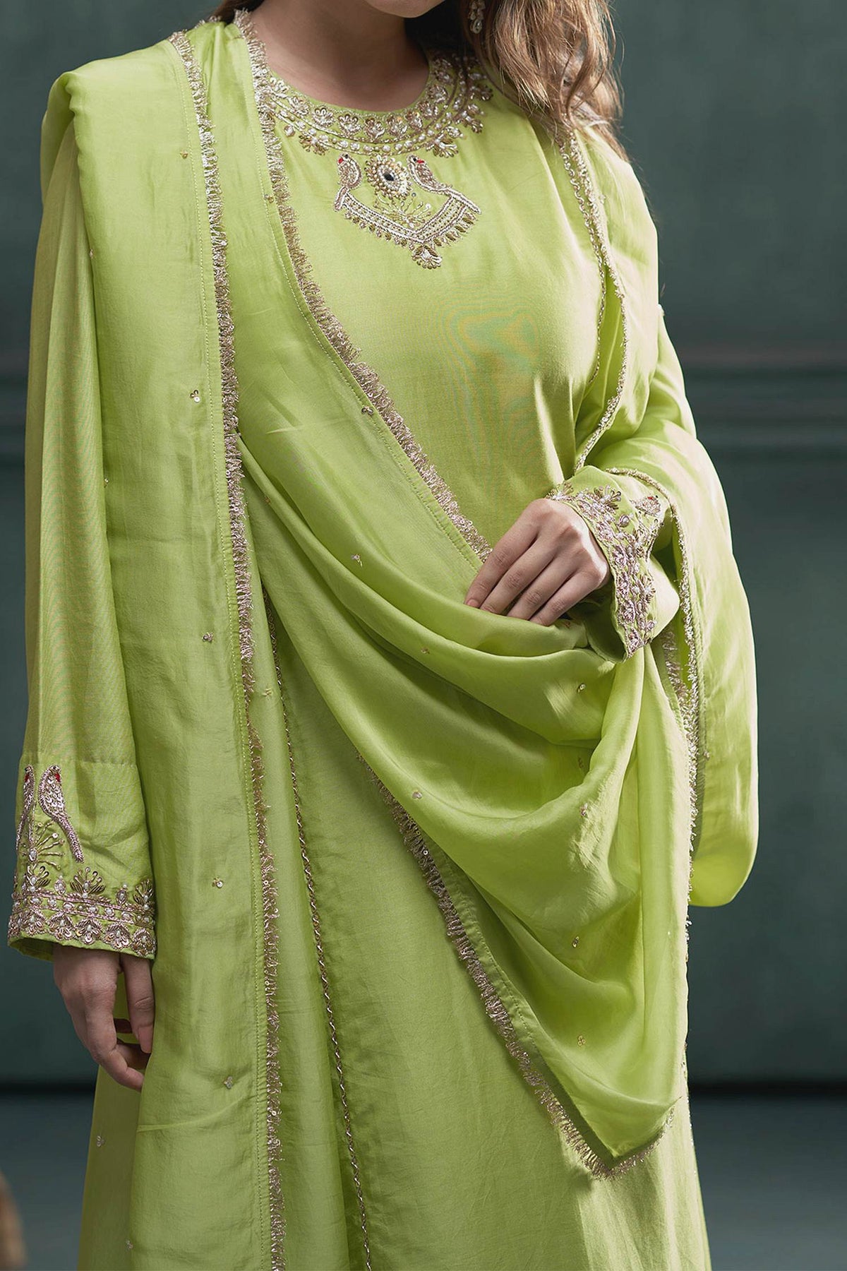 Buy Hirika &amp; Dhruti Green Dupatta Organza , Kurta And Sharara Chiniya Embroidered Set For Kids Online at Aza Fashions