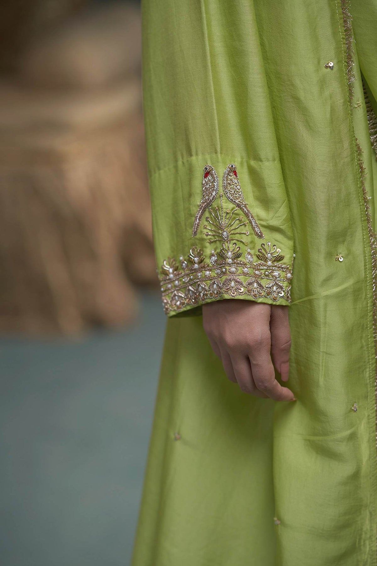 Hirika &amp; Dhruti Green Dupatta Organza , Kurta And Sharara Chiniya Embroidered Set For Kids at Aza Fashions