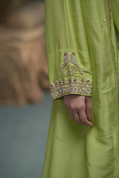 Hirika &amp; Dhruti Green Dupatta Organza , Kurta And Sharara Chiniya Embroidered Set For Kids at Aza Fashions