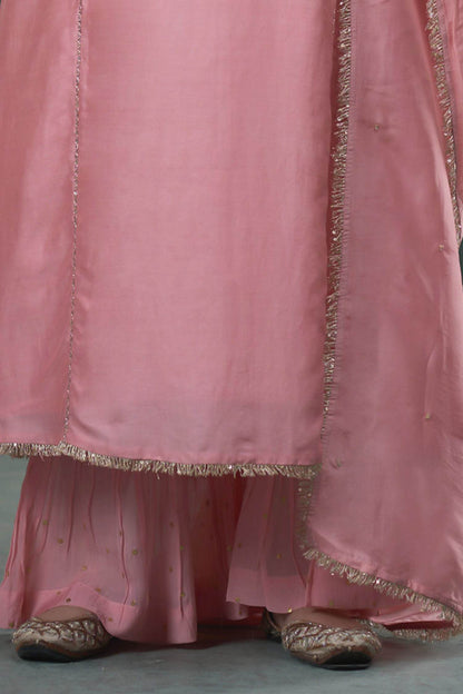 Hirika &amp; Dhruti Pink Dupatta Organza , Kurta And Sharara Chiniya Bird Embroidered Set For Kids Online at Aza Fashions