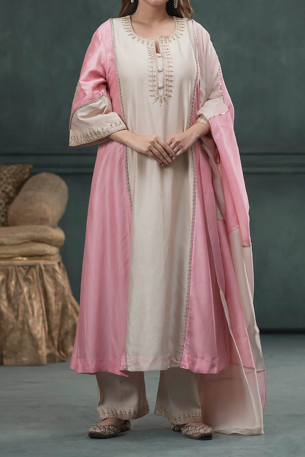 Hirika &amp; Dhruti Beige Dupatta Organza, Kurta Silk, Pant Cotton Marodi Work Embroidered Set For Kids Online at Aza Fashions